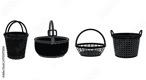 Collection of four black baskets of various shapes and sizes vector