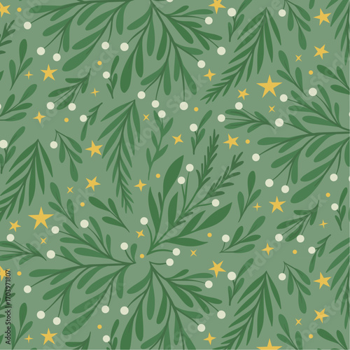 Mistletoe Botanical Christmas Seamless Pattern with Green Foliage, White Berries and Golden Stars