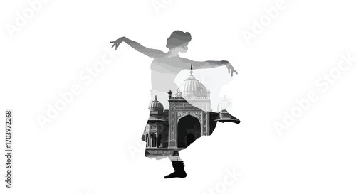 Indian Dancer Silhouette with Taj Mahal Background Illustration Cultural Fusion Art