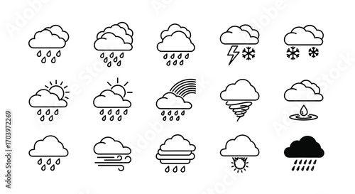Collection of weather icons showing diverse meteorological phenomena for forecasting and climate information vector