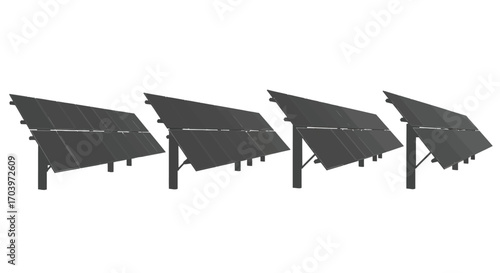 Row of four dark gray solar panels mounted on metal stands against white vector