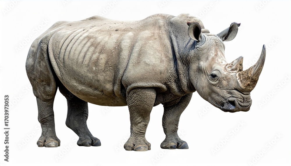 Fototapeta premium Rhinoceros with thick gray skin large horn massive heavy body and powerful wild mammal animal isolated on white background