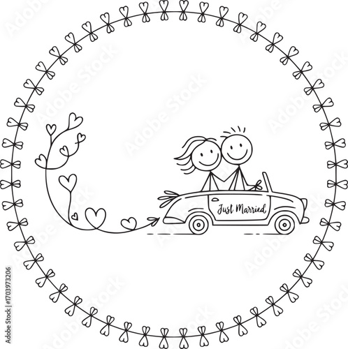 Just Married illustration: A heartwarming illustration depicts a newlywed couple joyfully riding in a vintage car, exuding love and togetherness with playful artistry.