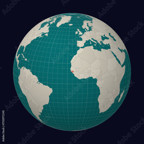 Guinea-Bissau on the map. Globe centered to Guinea-Bissau. Country location on the world map. Teal Pale Mint color palette. Globe with countries, meridians and parallels. Charming vector illustration.