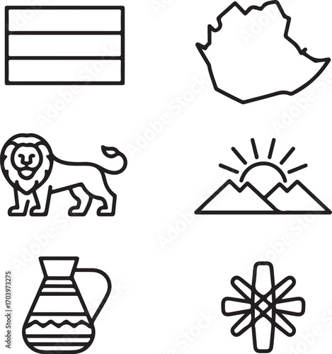 Ethiopia National Symbols Outline Icons Set Flag, Map, Lion, Coffee Pot, Mountains, Sun, Cross, and Cultural Heritage Vector Pack