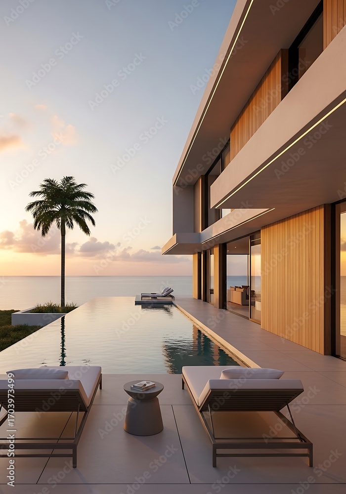 Fototapeta premium Luxurious modern villa overlooking ocean with infinity pool at sunset
