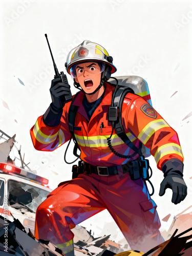 Emergency Response Officer Coordinating Rescue at Disaster Scene