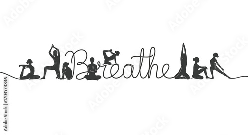 Serene Silhouette Flowing Script Yoga Poses Forming the Word Breathe for Wellness and Tranquility