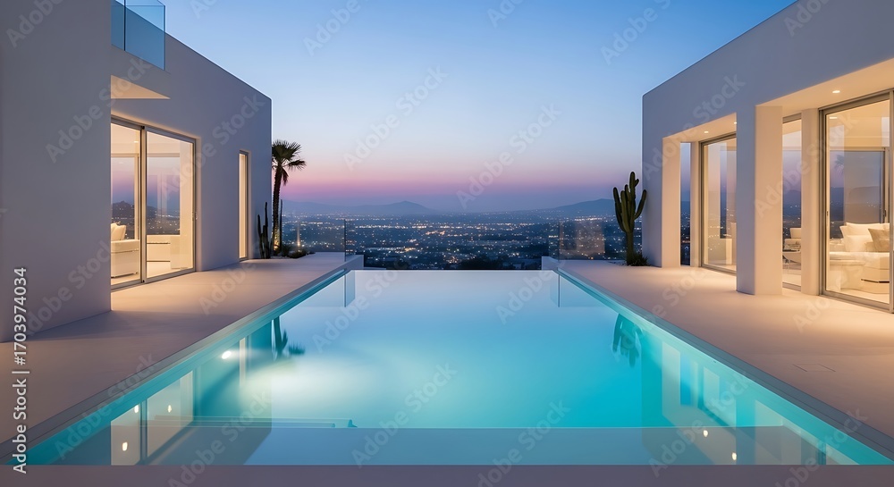 Fototapeta premium Luxury Villa Swimming Pool Reflecting Cityscape at Twilight Hour