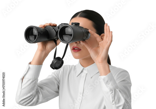 Woman looking through binoculars search vision find business discovery observation isolated on transparent background