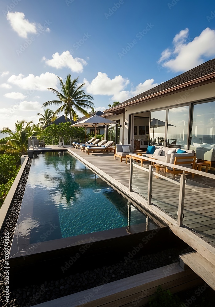 Fototapeta premium Contemporary luxury villa with infinity pool and ocean views for serene getaway