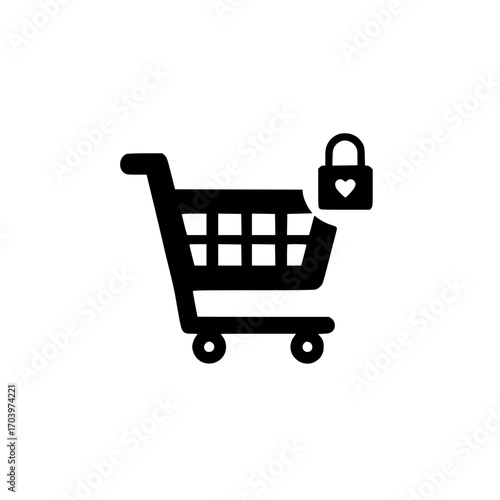 Shopping cart icon with love padlock symbol for secure romantic ecommerce and couple gifting