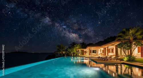Luxury villa with infinity pool under the radiant cosmic night sky