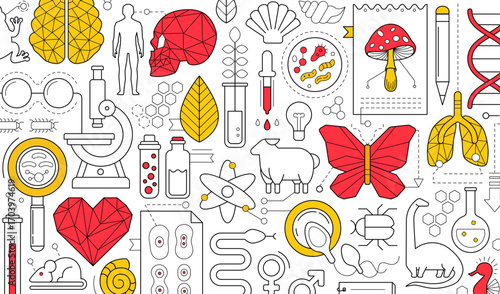 Science research in biology, chemistry and medicine. Banner of scientific laboratory with geometric icons of bio technology, organic cell, dna molekule, animals, brain and heart, vector illustration