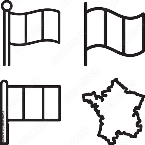 French Southern Territories Flag Outline Icons Set Flag on Pole, Waving Flag, Flat Rectangle Flag, Map Shape, and Emblem Elements