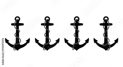 Four black nautical anchors in a row maritime theme symbolizing stability and adventure vector