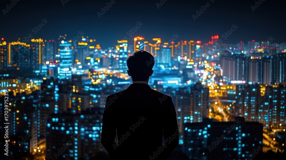 custom made wallpaper toronto digitalSilhouette of a businessman gazing at a vibrant nighttime cityscape