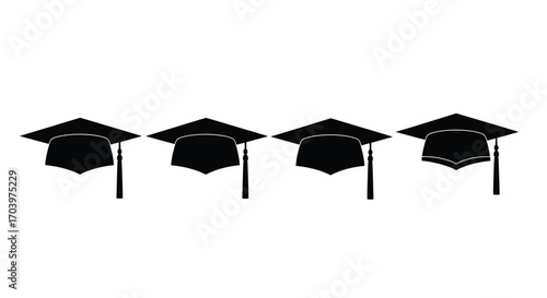 Row of four graduation caps with tassels ready for academic achievement and commencement ceremonies vector