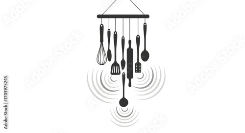 Kitchen Utensils Mobile Hanging with Sound Waves Symbolizing Cooking and Culinary Arts