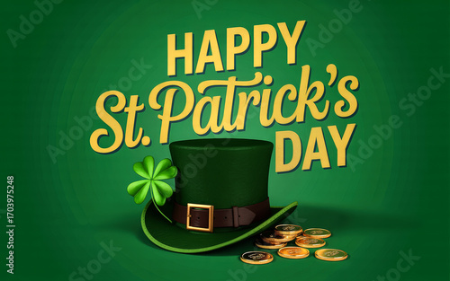 Happy St Patrick's Day text green top hat a lucky shamrock and scattered gold coins Green backdrop