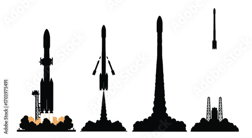 Rocket launch silhouettes sequence showing lift-off and ascent through space exploration vector
