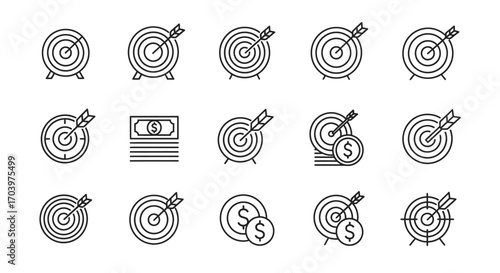 Collection of target and goal achievement icons representing success and business objectives vector