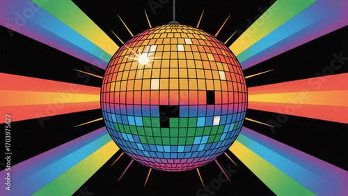 Disco ball rainbow light party celebration retro dance club music event vintage mirror ball seventies vibe