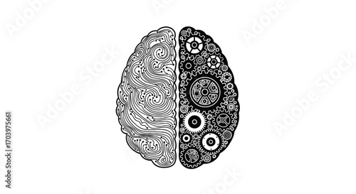 Brain Power Conceptual Illustration of Logical and Creative Thinking with Gears and Circuits