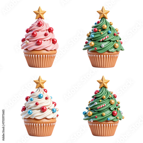 Festive Cupcake Cartoon Design with Tree and Star Decoration