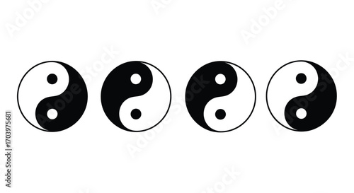 Four yin yang symbols in a row representing balance harmony and complementary opposites vector
