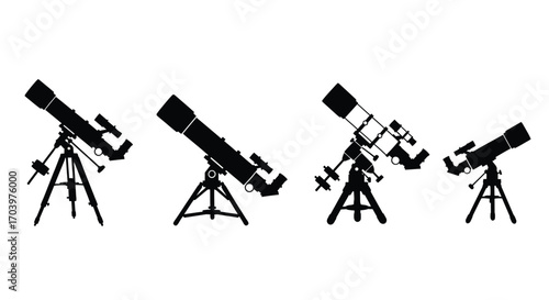 Four diverse telescopes on tripod mounts showcasing different designs and sizes for astronomy exploration vector
