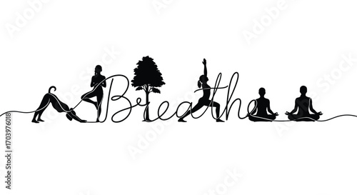 Mindful Movement Yoga and Canine Companion Forming the Word Breathe for Serenity and Balance