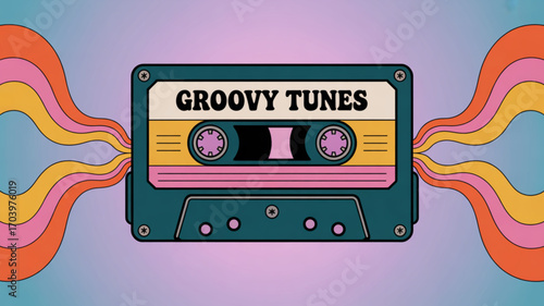 Retro cassette tape groovy tunes music audio vintage style seventies design illustration vector graphic art