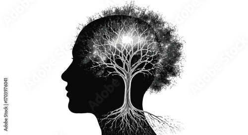 Tree of Mind Silhouette Illustration for Mental Health Awareness and Cognitive Growth