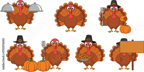 Cute Thanksgiving turkey cartoon vector set with pumpkins, pie, pilgrim hats, serving trays, and festive fall holiday celebration elements.