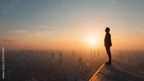 Silhouette of a solitary figure standing atop a towering skyscraper, gazing at the sunrise. A symbol of ambition and triumph.