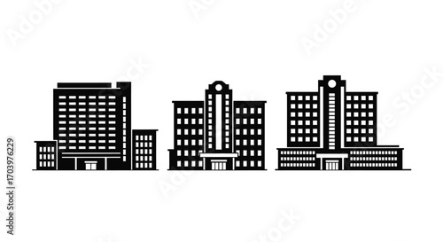 Three modern office buildings representing urban architecture and business development vector