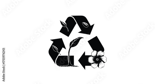 Eco-Friendly Recycling Symbol with Plant Growth and Flower Illustration for Sustainable Living