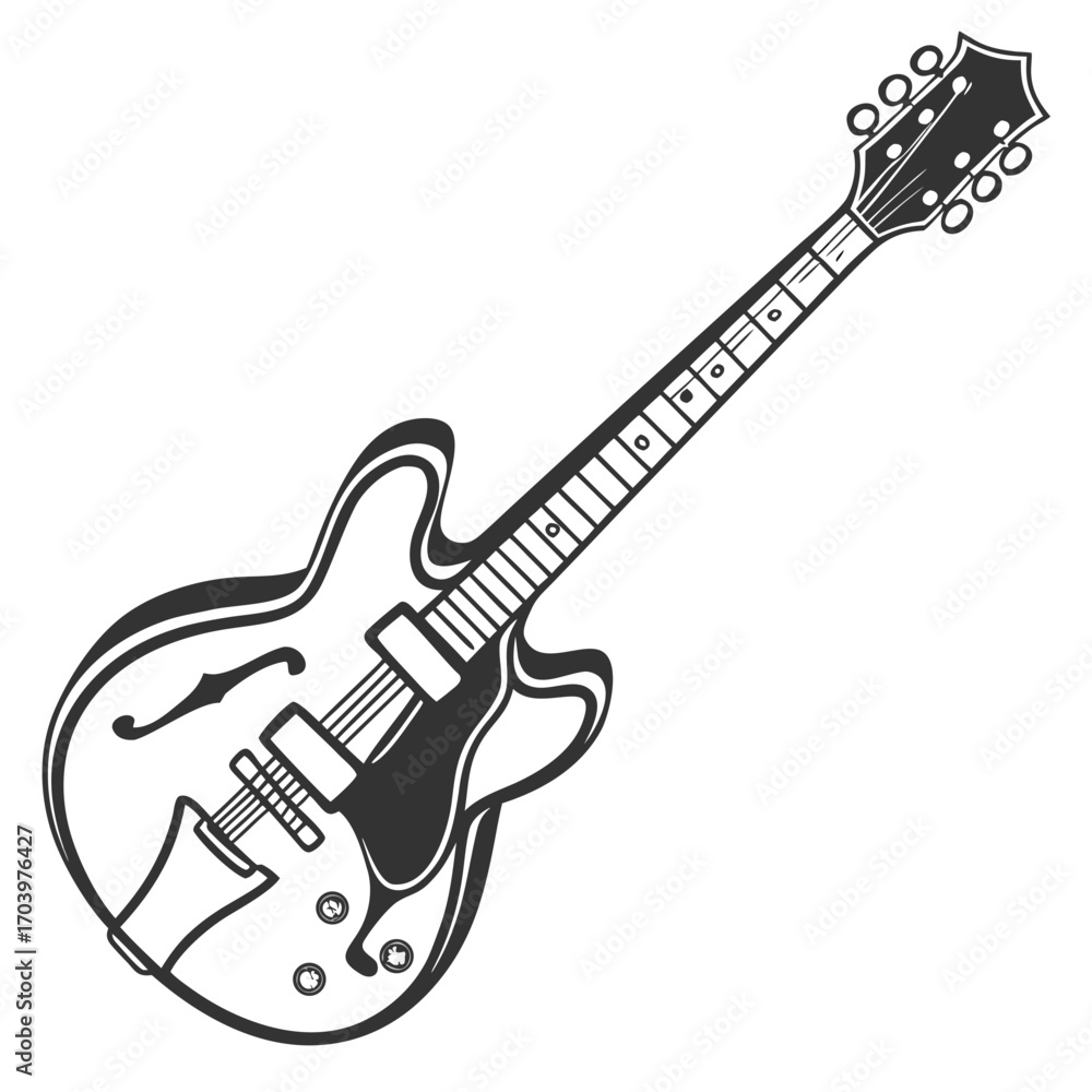 Obraz premium A Detailed Illustration of a Classic Semi-Acoustic Electric Guitar in a Monochromatic Palette.