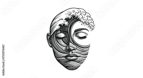 Abstract Face with Wave Design Artistic Illustration of Inner Peace and Tranquility