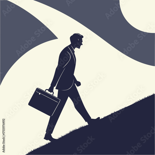 A determined businessperson navigates an upward path, briefcase in hand, symbolizing ambition and the pursuit of success in a minimalist graphic illustration.