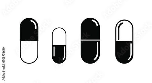 Four black and white medical capsules in a row for healthcare and pharmaceuticals vector
