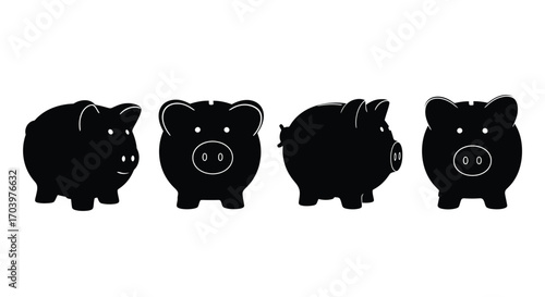 Four black piggy banks silhouettes isolated on white representing savings financial growth and investment vector