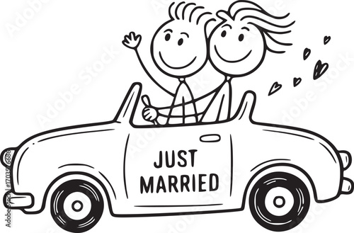 Newlyweds' Joyride: Two stick figures, brimming with excitement, embark on a whimsical journey in a vintage car, declaring their status with a Just Married message. They're surrounded by hearts.