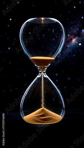Hourglass with golden sand flowing against a starry background, symbolizing the relentless march of time, the preciousness of each moment, and the vastness of the universe reflected in a simple, elega