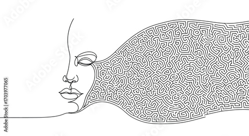 Mind Maze Portrait with Labyrinth Hair for Introspection and Psychological Complexity