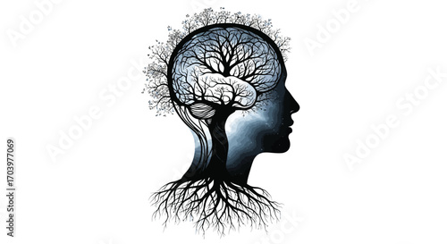 Silhouette of a Human Head with Tree Roots and Branches Representing Growth and Knowledge Concept