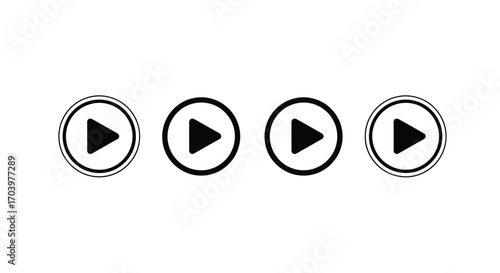 Four circular play buttons with hand-drawn style for media playback and content streaming vector