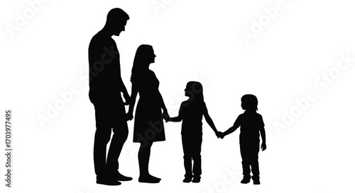 Silhouette family of four holding hands demonstrating unity love and togetherness outdoor vector