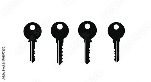 Four silhouetted house keys lined up against a clean isolated background vector